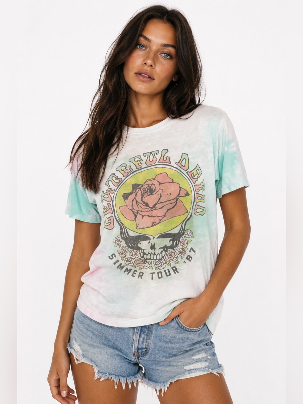 Junk Food Grateful Dead Summer Tour ’87 Tie Dye Graphic Tee XS Pastel Skull Rose